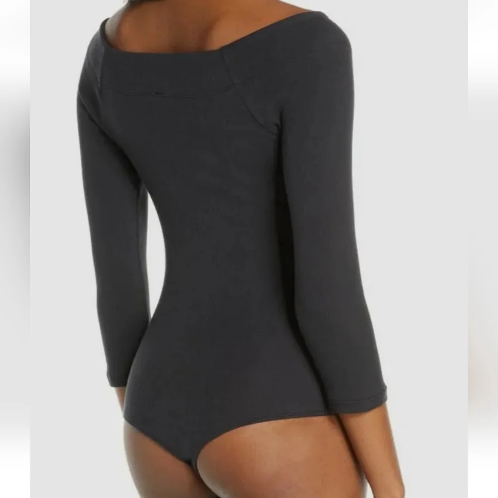 Free People Women's Black V Neck Bardot Ribbed Snap 3/4 Sleeve Bodysuit S